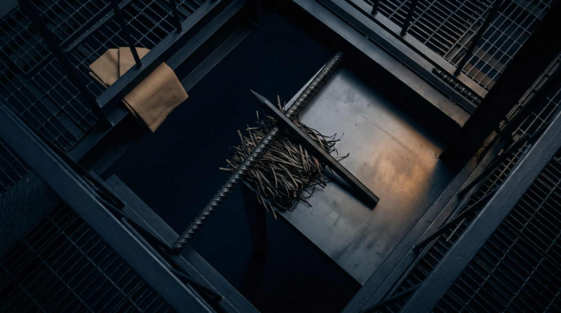 Steel rebar pieces and metal grating form a composition on a dark platform within an industrial setting.