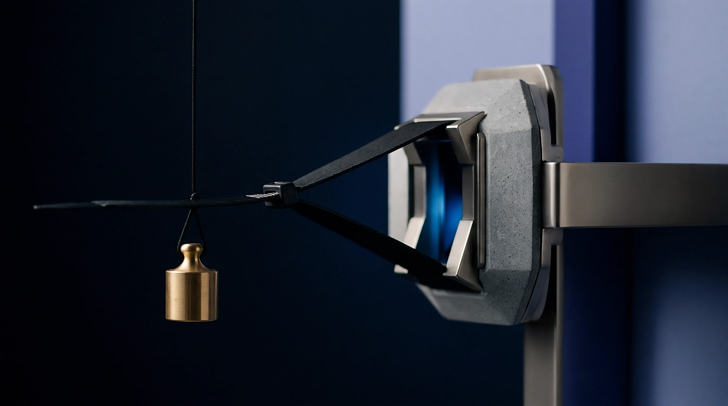 A cylindrical brass weight hangs from a thin vertical filament connected to a tensioned black strap secured within a mechanical gripper fixture.