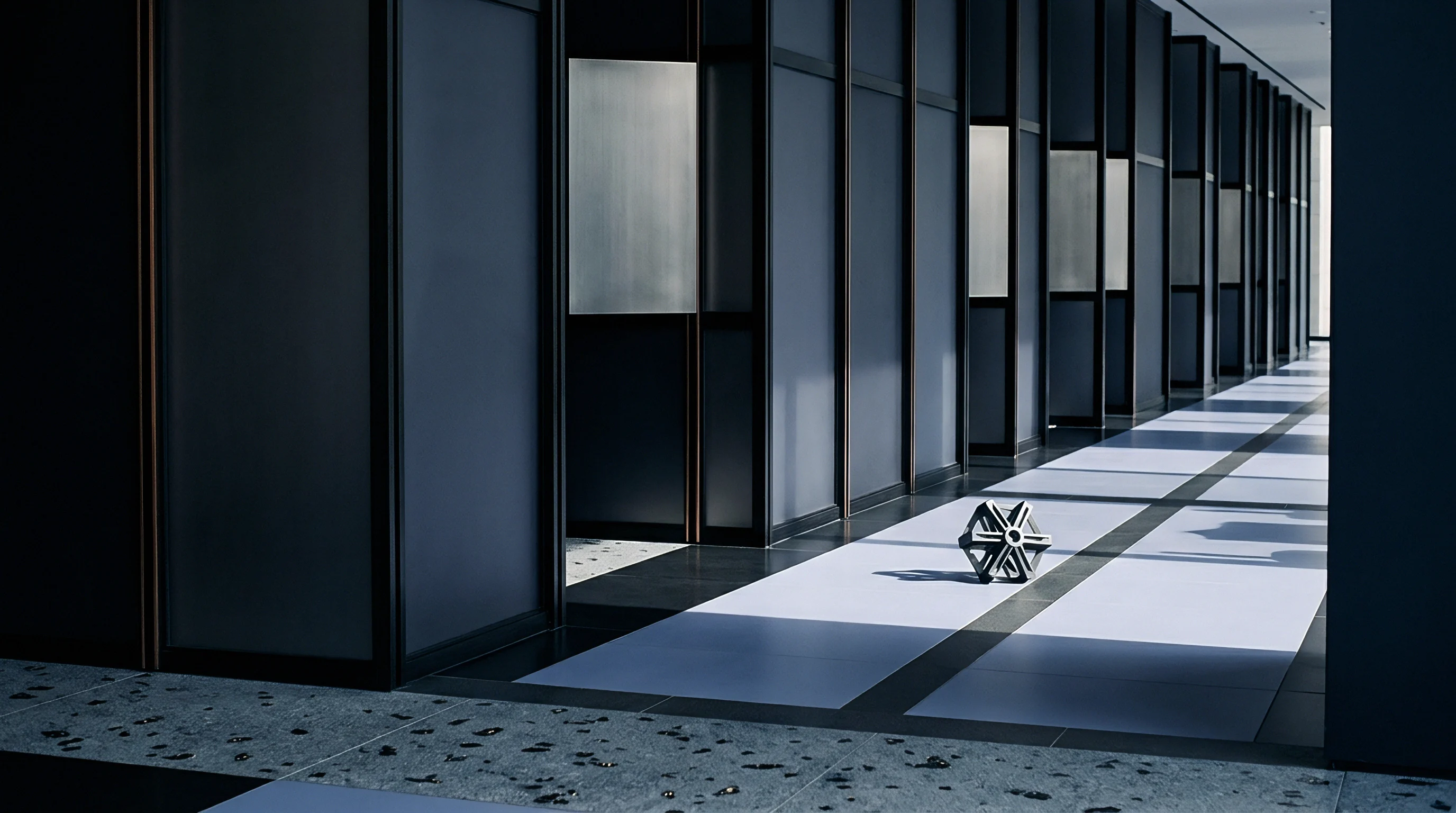A metallic geometric lattice rests on a tiled industrial corridor floor flanked by dark architectural partition walls inside a manufacturing facility.
