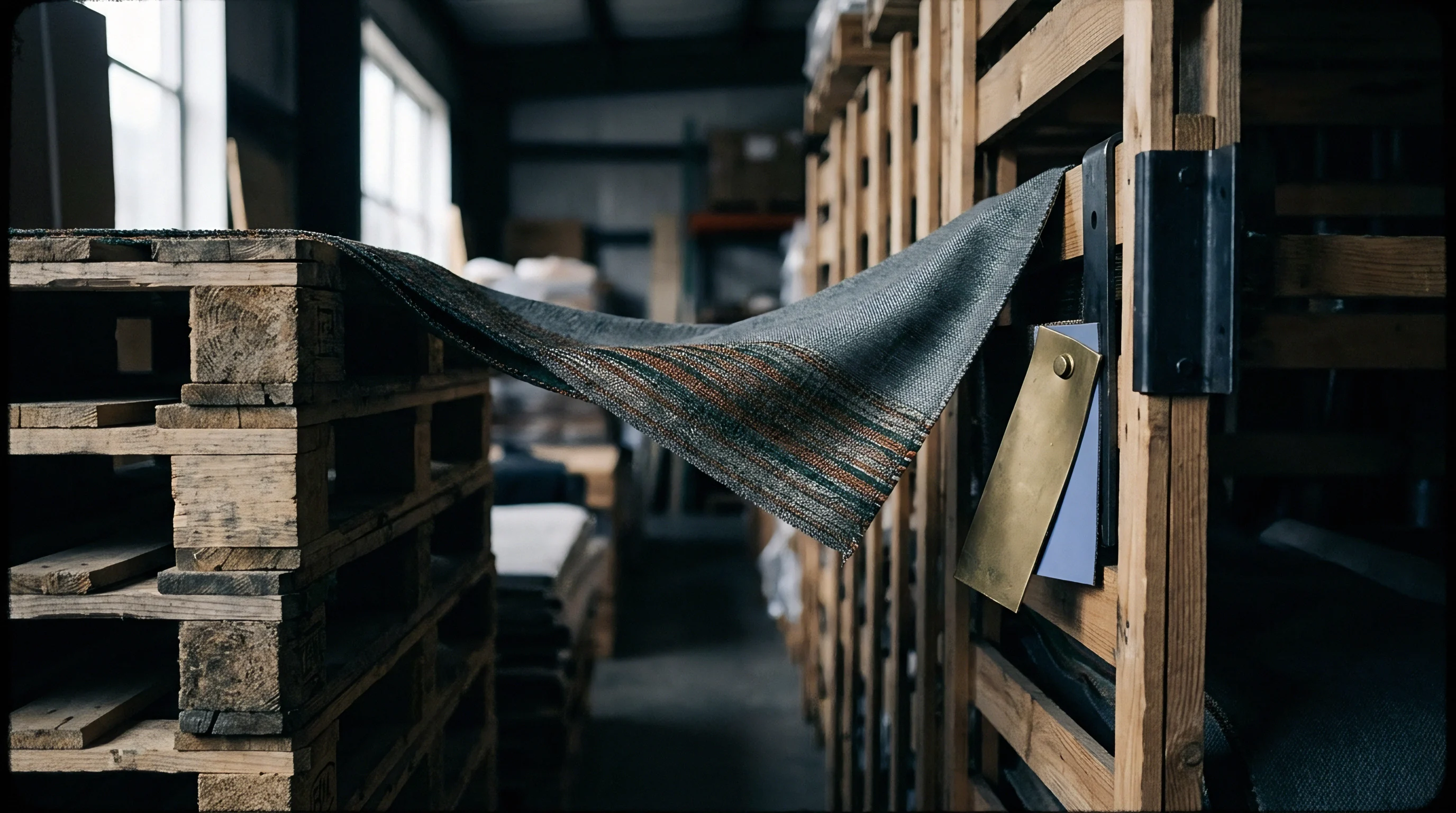 A textured textile sample drapes across a wooden shipping pallet inside a dense industrial storage facility with metal identification tags attached nearby.