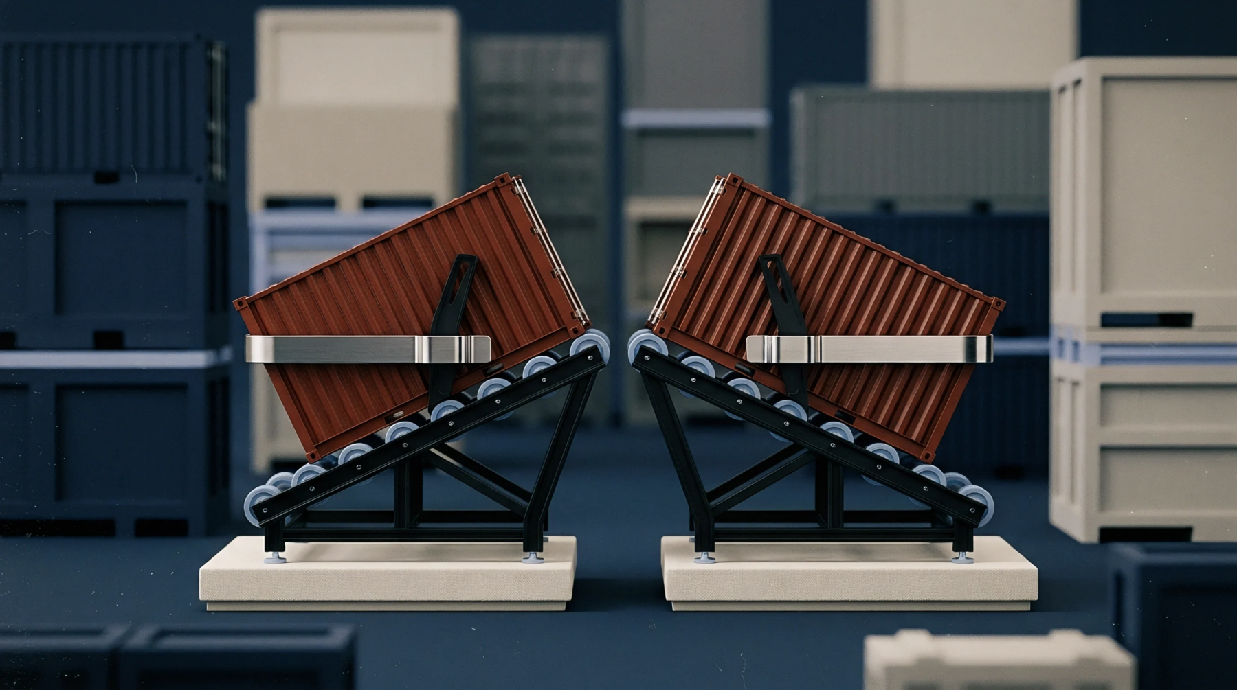 Two brown corrugated steel shipping containers rest on black metal roller conveyor frames positioned atop beige bases within a stylized industrial warehouse render.