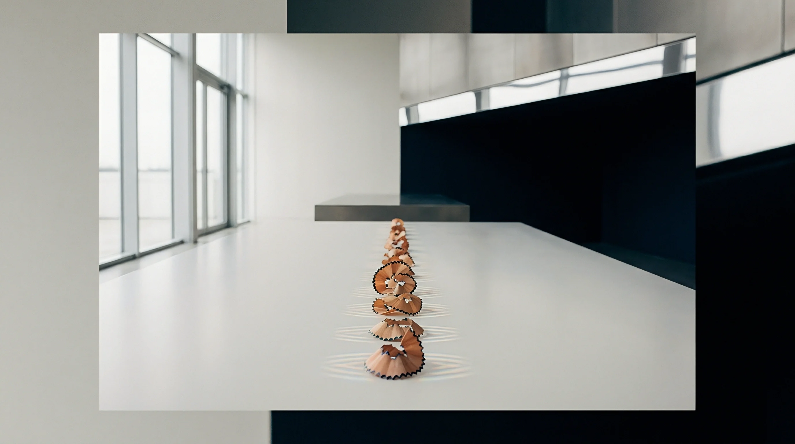 Wood shavings align in a linear formation upon a minimalist white surface within a spacious industrial architectural environment displaying order and repetition.