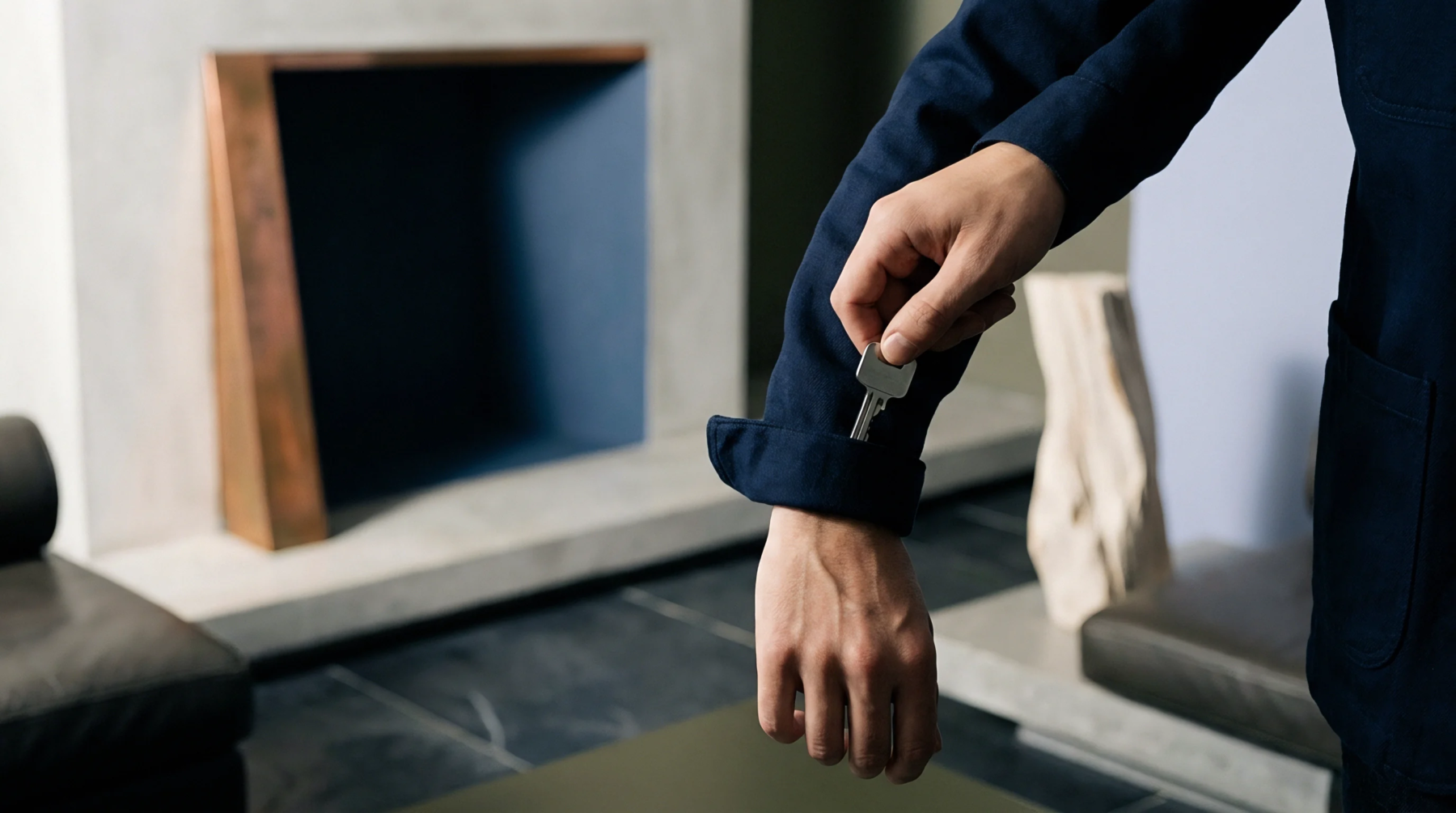 A hand retrieves a silver metal key from the folded cuff of a navy blue jacket sleeve in a minimalist interior space.