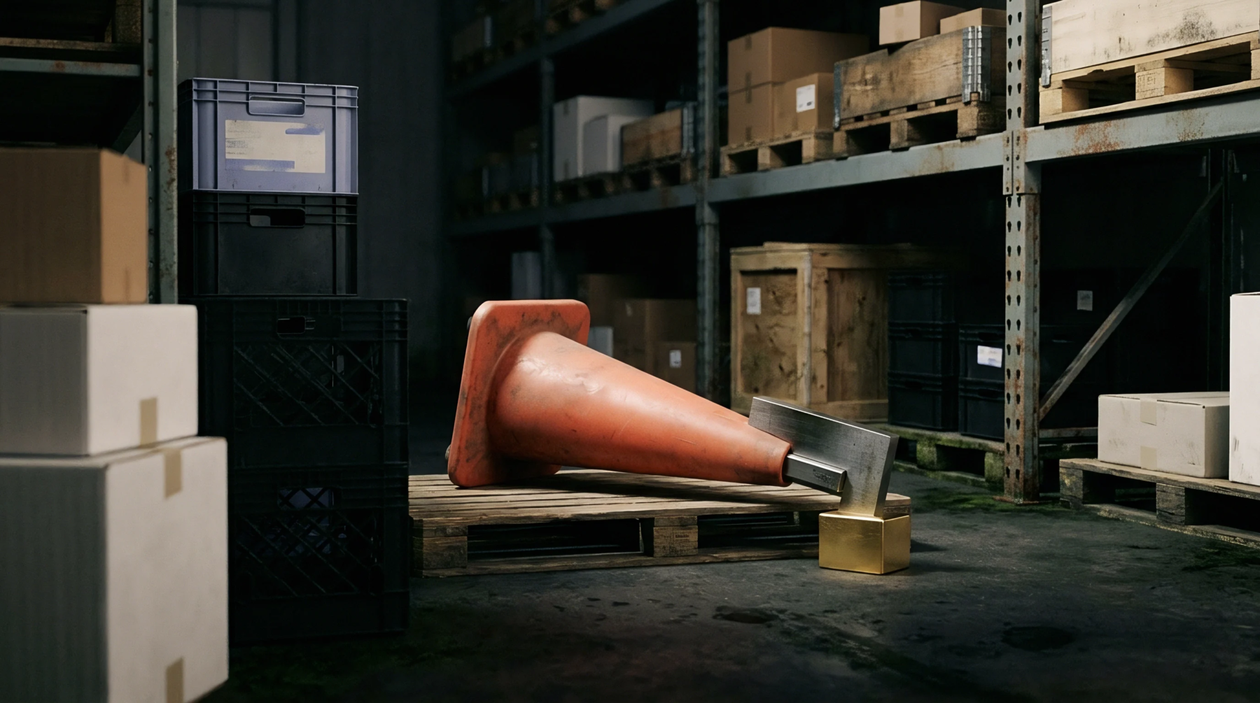 A digital illustration shows an orange traffic cone with a metal attachment resting on a wooden pallet inside a dim industrial storage warehouse facility.